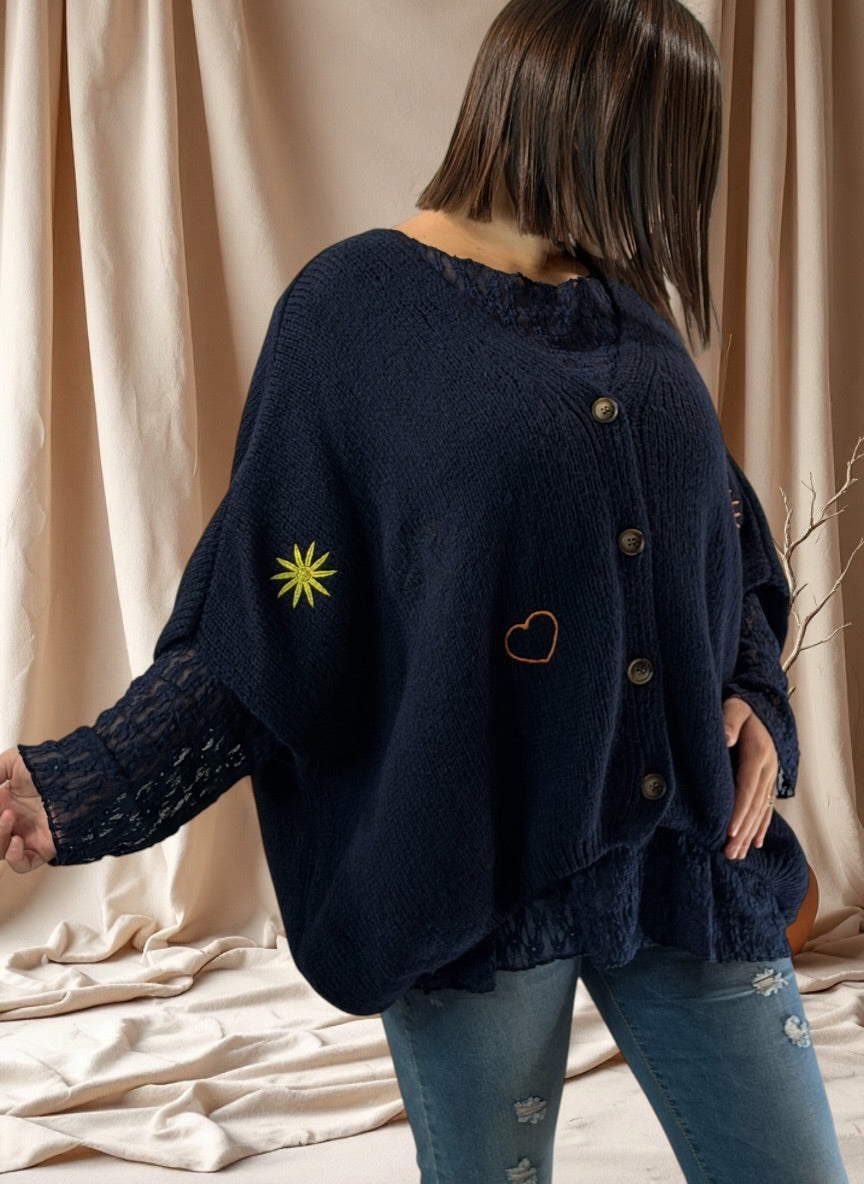 SOPHIA - GILET OVERSIZE MARINE BRODE JUSQU'A LA TAILLE 56