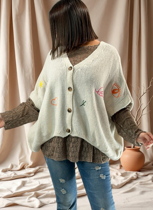 SOPHIA - GILET OVERSIZE BLANC CASSE BRODE JUSQU'A LA TAILLE 56
