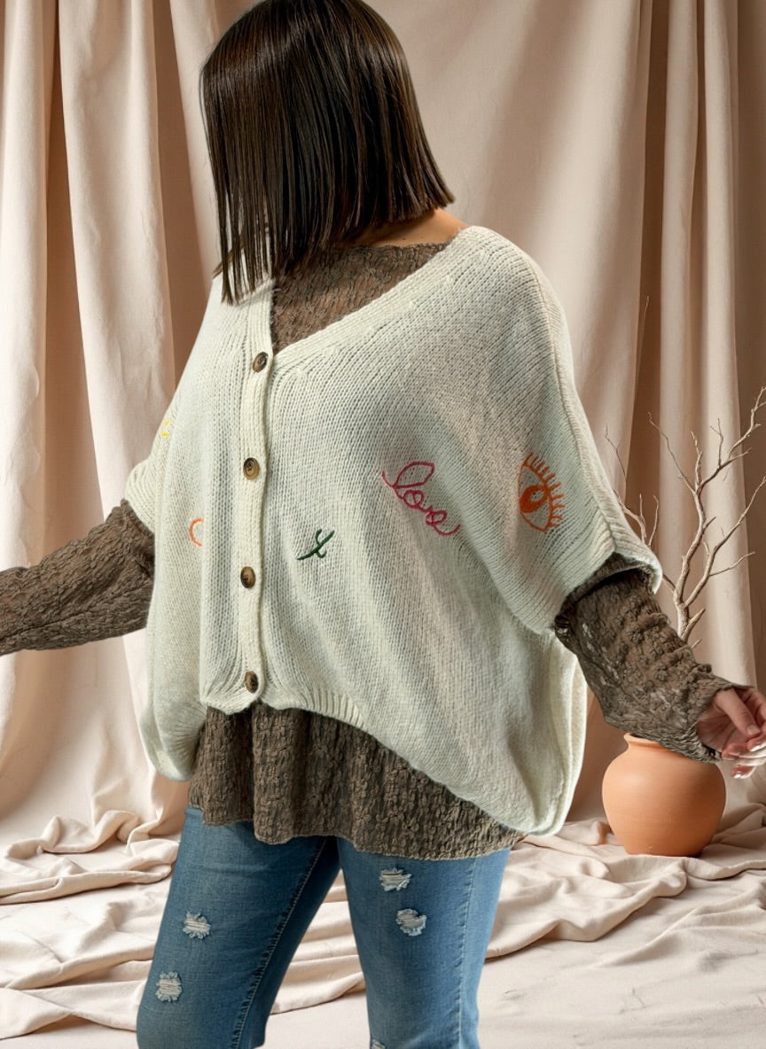 SOPHIA - GILET OVERSIZE BLANC CASSE BRODE JUSQU'A LA TAILLE 56