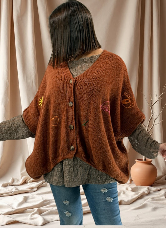 SOPHIA - GILET OVERSIZE ROUX BRODE JUSQU'A LA TAILLE 56