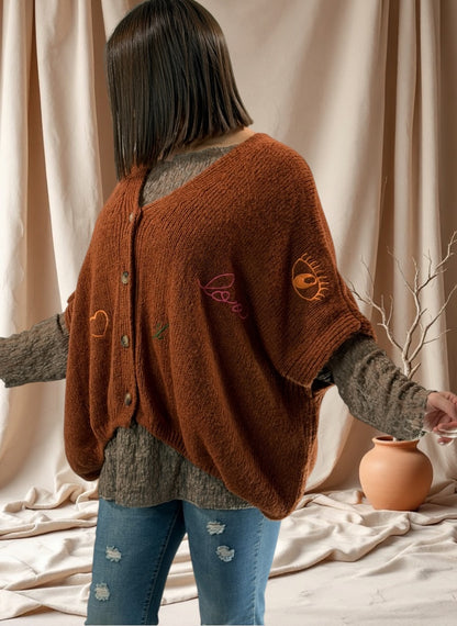 SOPHIA - GILET OVERSIZE ROUX BRODE JUSQU'A LA TAILLE 56
