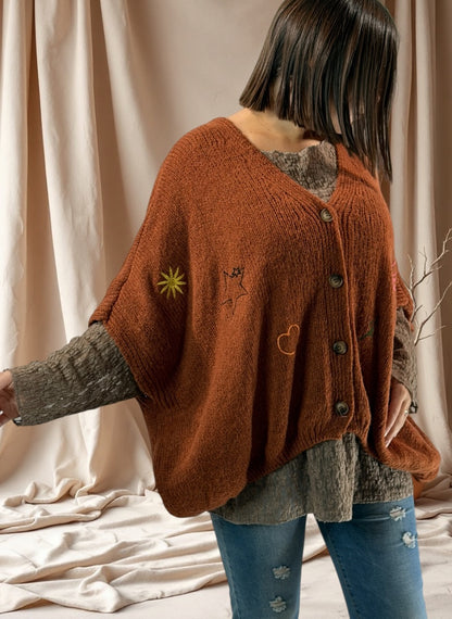 SOPHIA - GILET OVERSIZE ROUX BRODE JUSQU'A LA TAILLE 56