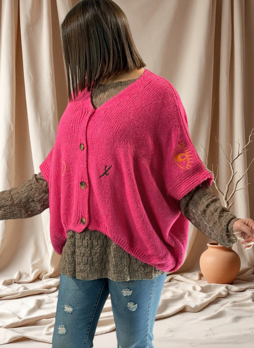 SOPHIA - GILET OVERSIZE FUCHSIA BRODE JUSQU'A LA TAILLE 56