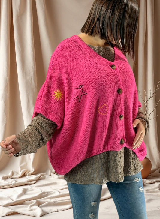 SOPHIA - GILET OVERSIZE FUCHSIA BRODE JUSQU'A LA TAILLE 56