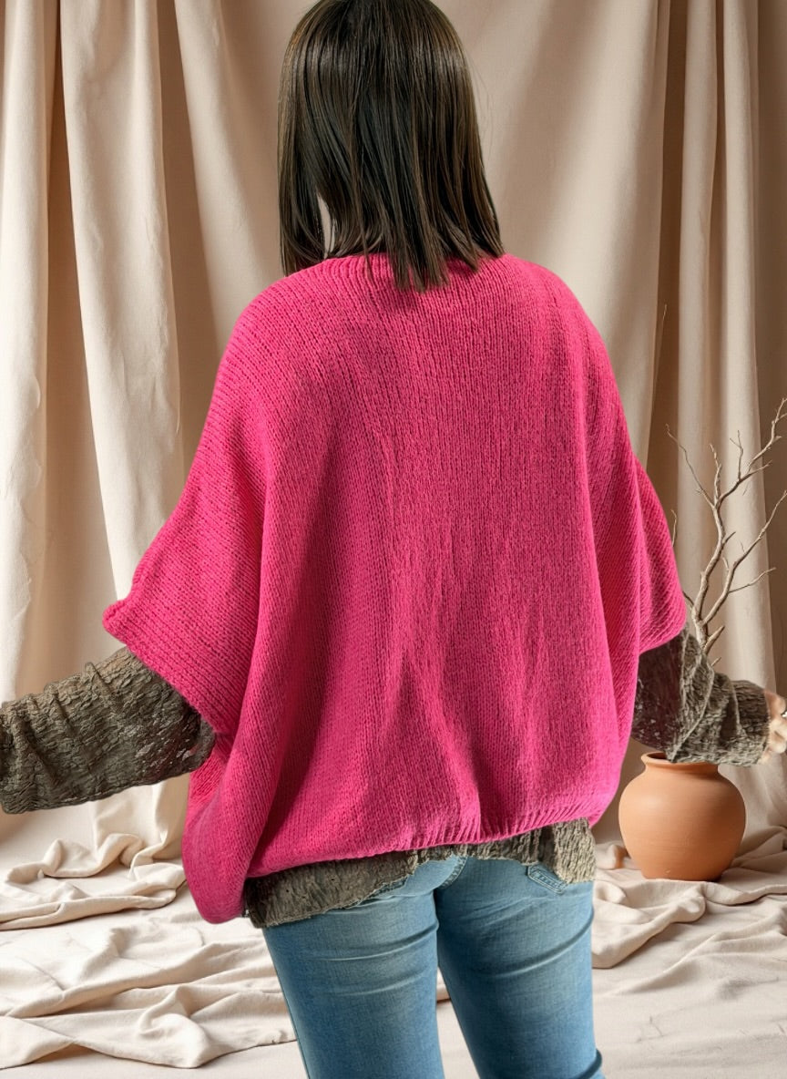 SOPHIA - GILET OVERSIZE FUCHSIA BRODE JUSQU'A LA TAILLE 56