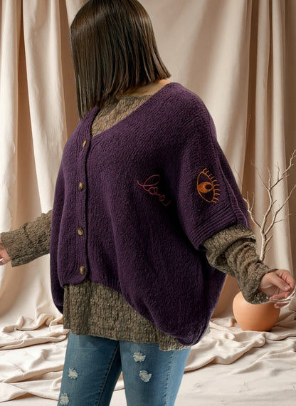 SOPHIA - GILET OVERSIZE RAISIN BRODE JUSQU'A LA TAILLE 56