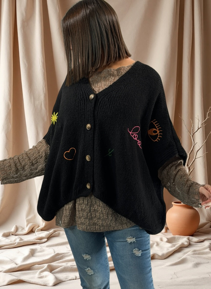 SOPHIA - GILET OVERSIZE NOIR BRODE JUSQU'A LA TAILLE 56