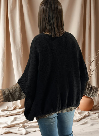 SOPHIA - GILET OVERSIZE NOIR BRODE JUSQU'A LA TAILLE 56