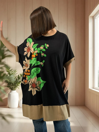 PACO - T-SHIRT NOIR OVERSIZE A MOTIF JUSQU'A LA TAILLE 54/56