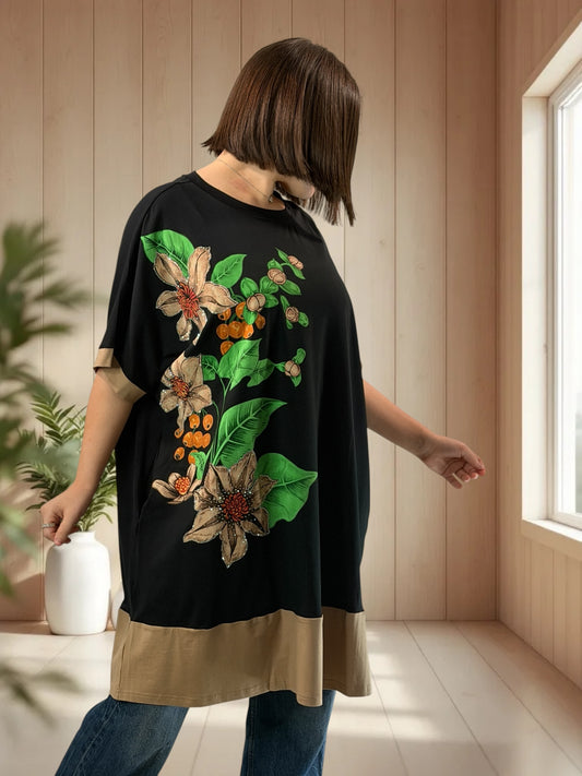 PACO - T-SHIRT NOIR OVERSIZE A MOTIF JUSQU'A LA TAILLE 54/56