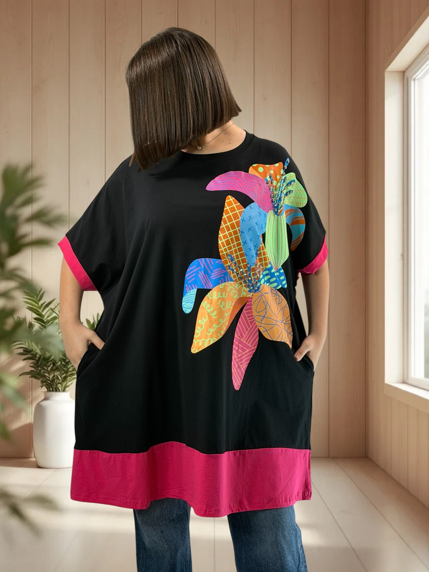 PACO - T-SHIRT NOIR OVERSIZE A MOTIF JUSQU'A LA TAILLE 54/56