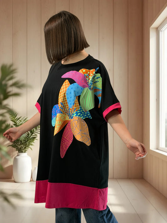 PACO - T-SHIRT NOIR OVERSIZE A MOTIF JUSQU'A LA TAILLE 54/56