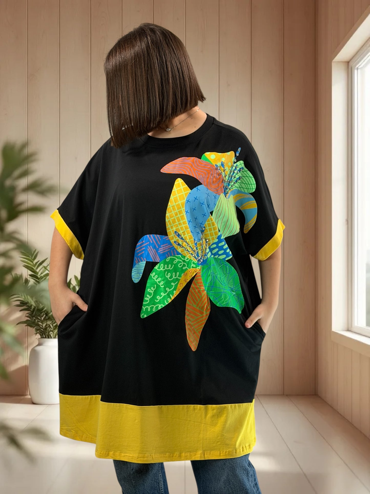 PACO - T-SHIRT NOIR OVERSIZE A MOTIF JUSQU'A LA TAILLE 54/56