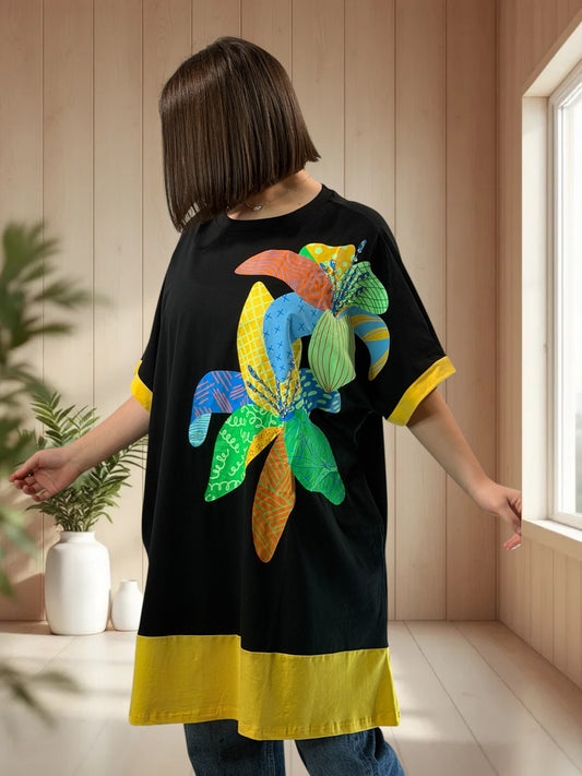 PACO - T-SHIRT NOIR OVERSIZE A MOTIF JUSQU'A LA TAILLE 54/56