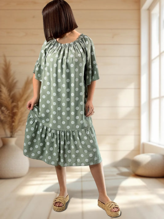 GUIMAUVE - ROBE KAKI A POIS JUSQU'A LA TAILLE 50