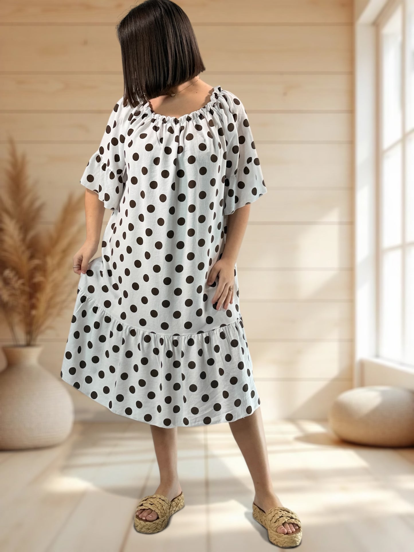 GUIMAUVE - ROBE BLANCHE A POIS JUSQU'A LA TAILLE 50