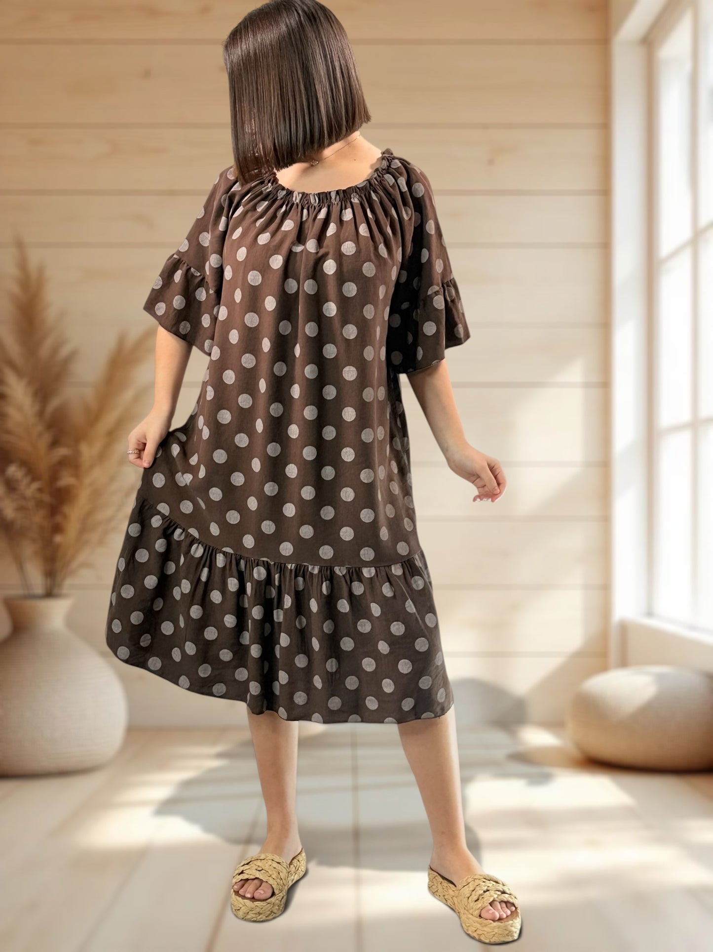 GUIMAUVE - ROBE MARRON A POIS JUSQU'A LA TAILLE 50