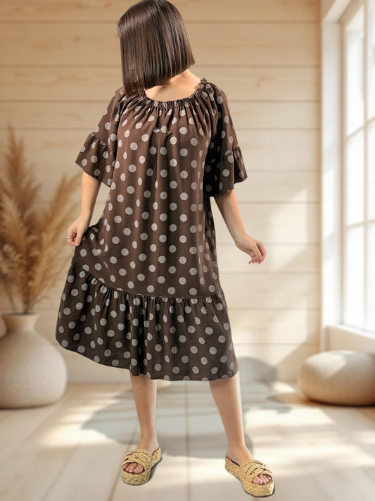 GUIMAUVE - ROBE MARRON A POIS JUSQU'A LA TAILLE 50