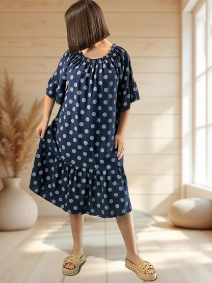 GUIMAUVE - ROBE MARINE A POIS JUSQU'A LA TAILLE 50