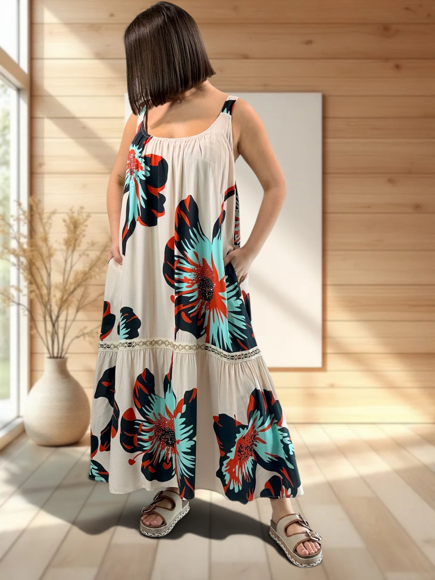 ROSA - ROBE LONGUE BEIGE A MOTIF JUSQU'A LA TAILLE 52
