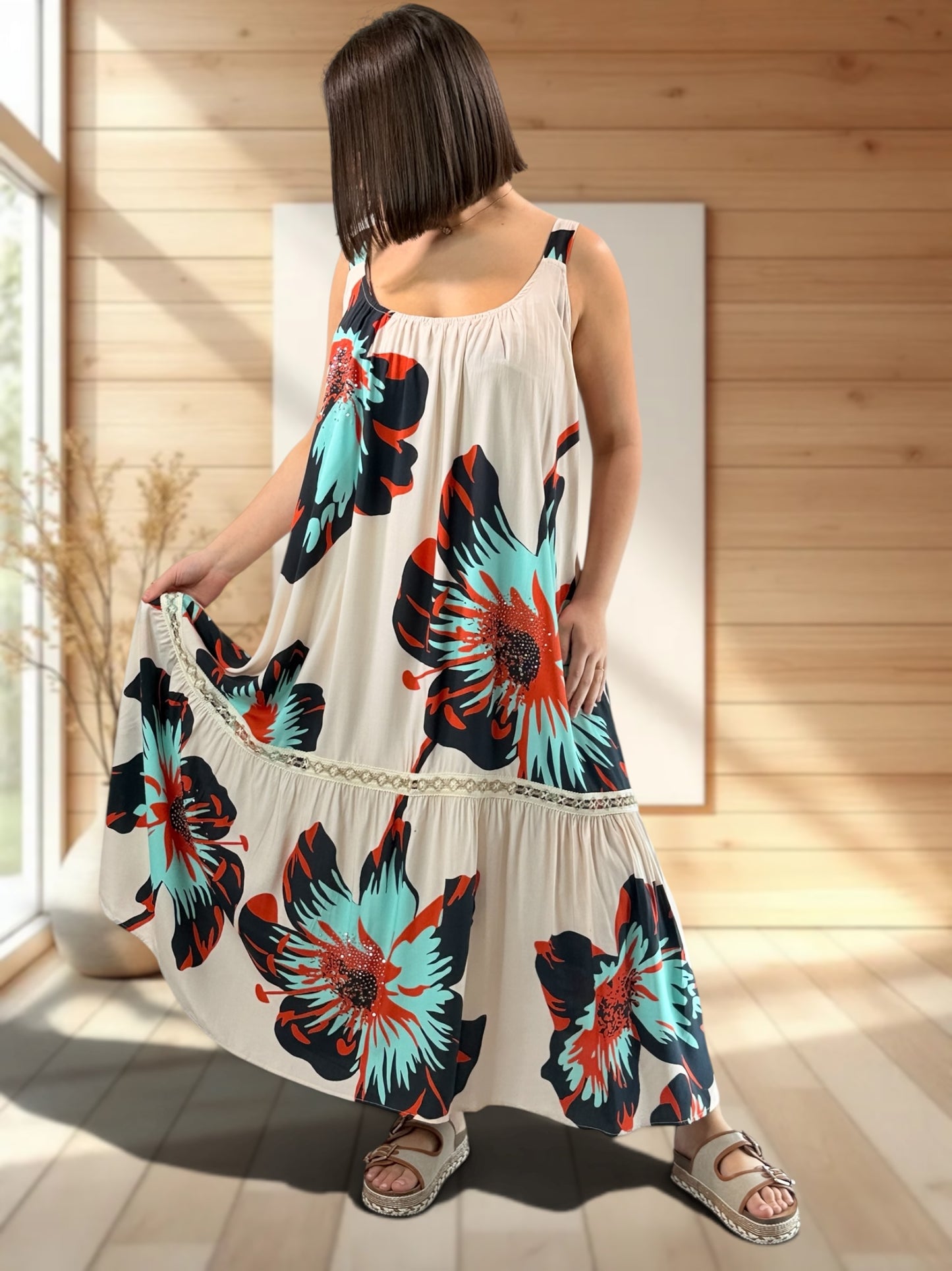 ROSA - ROBE LONGUE BEIGE A MOTIF JUSQU'A LA TAILLE 52