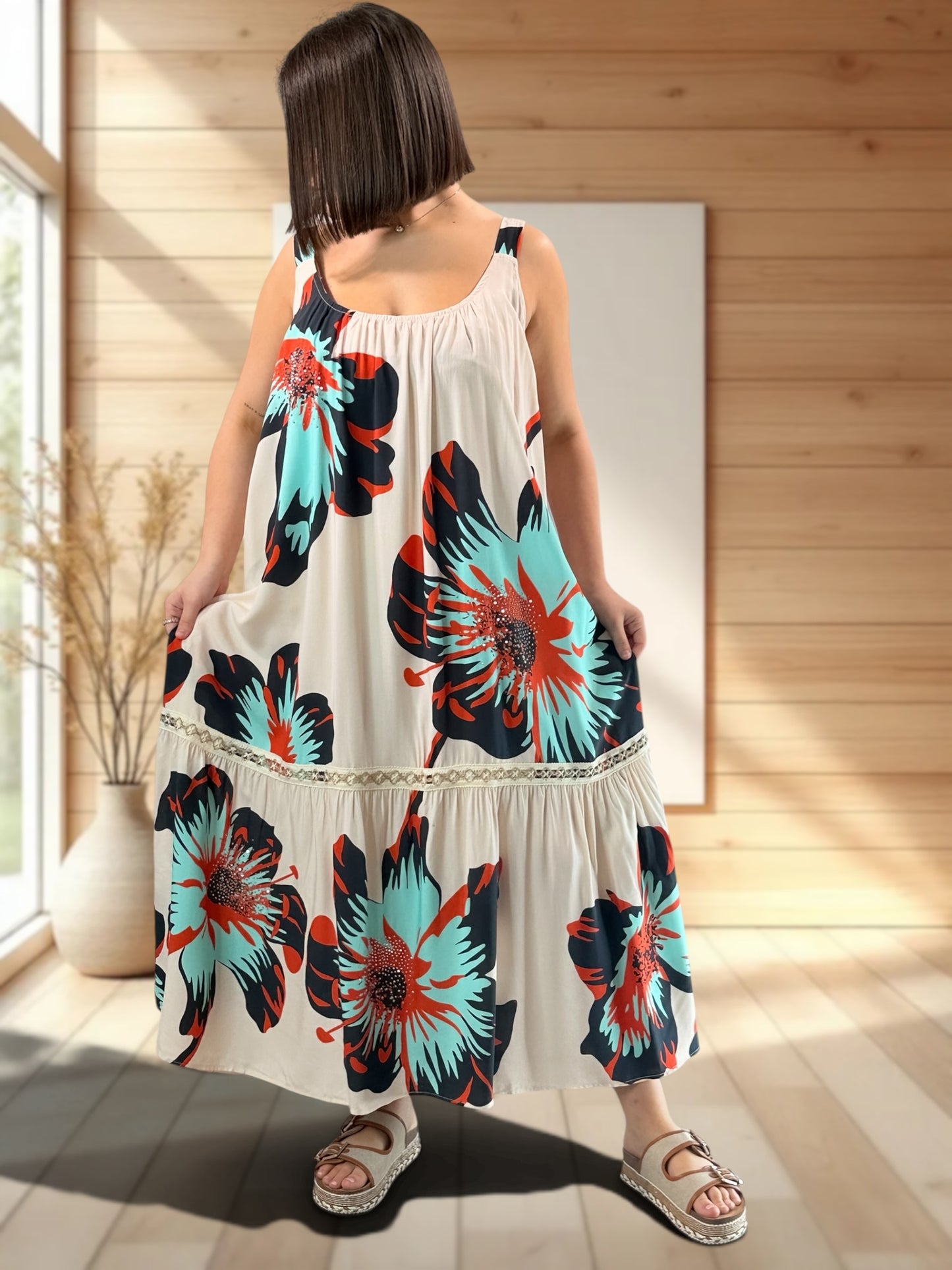 ROSA - ROBE LONGUE BEIGE A MOTIF JUSQU'A LA TAILLE 52
