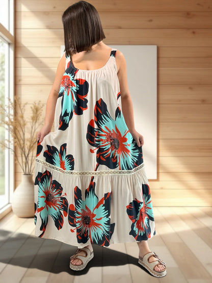 ROSA - ROBE LONGUE BEIGE A MOTIF JUSQU'A LA TAILLE 52