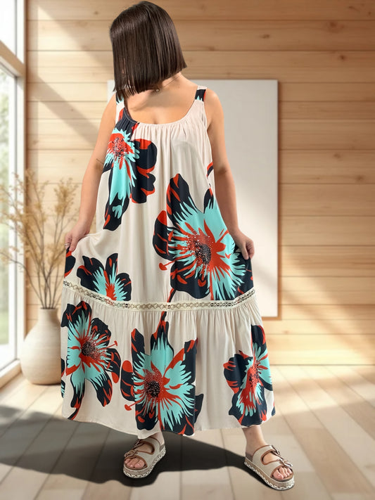 ROSA - ROBE LONGUE BEIGE A MOTIF JUSQU'A LA TAILLE 52