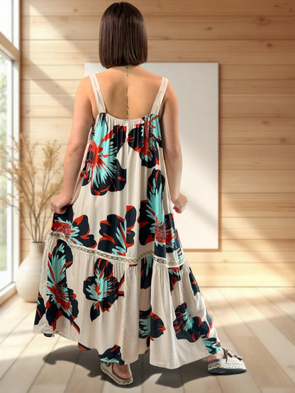 ROSA - ROBE LONGUE BEIGE A MOTIF JUSQU'A LA TAILLE 52
