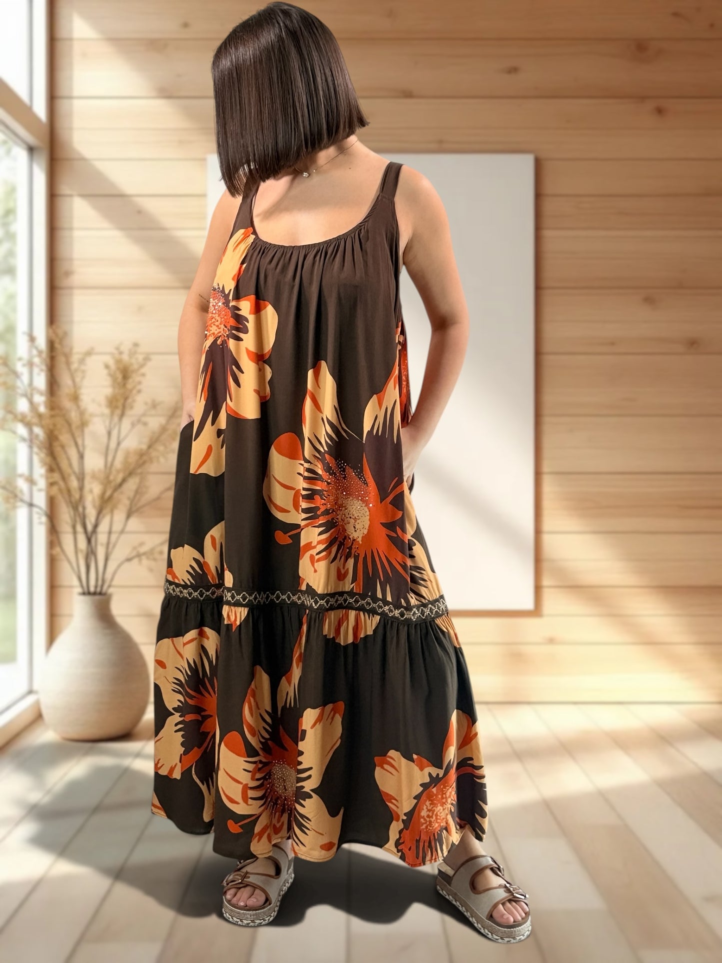 ROSA - ROBE LONGUE MARRON A MOTIF JUSQU'A LA TAILLE 52