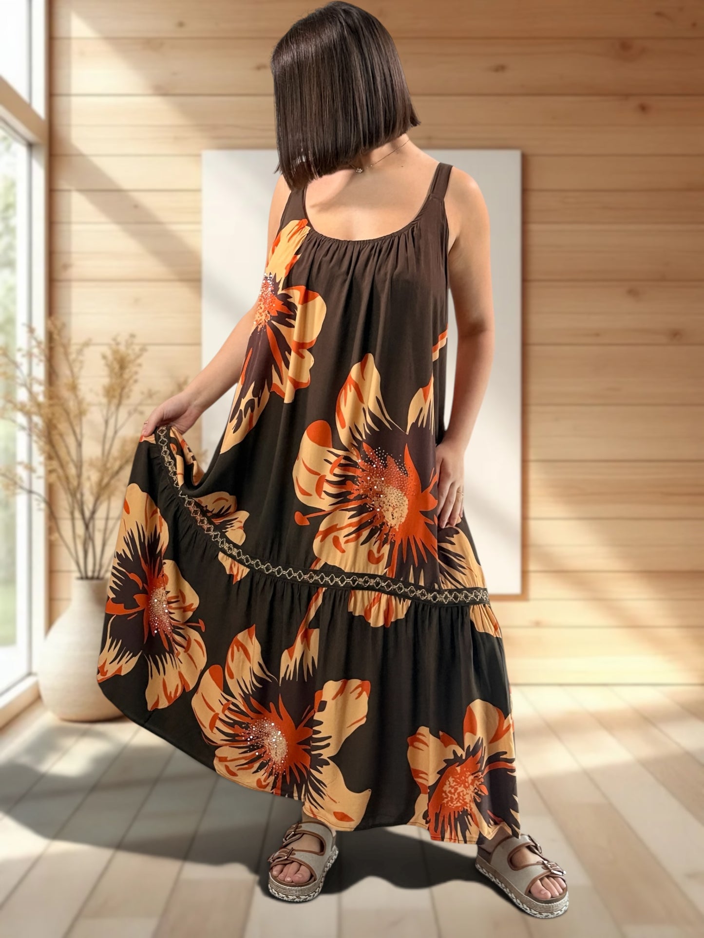 ROSA - ROBE LONGUE MARRON A MOTIF JUSQU'A LA TAILLE 52