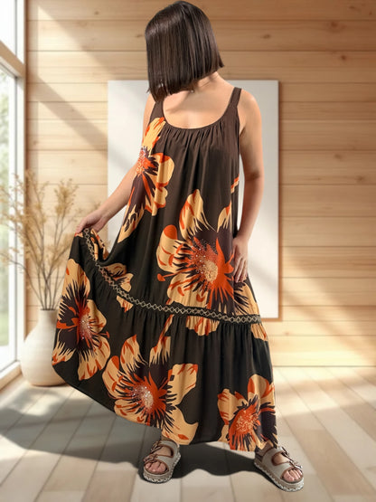 ROSA - ROBE LONGUE MARRON A MOTIF JUSQU'A LA TAILLE 52