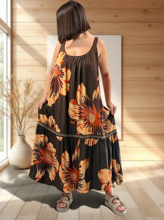 ROSA - ROBE LONGUE MARRON A MOTIF JUSQU'A LA TAILLE 52