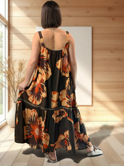 ROSA - ROBE LONGUE MARRON A MOTIF JUSQU'A LA TAILLE 52