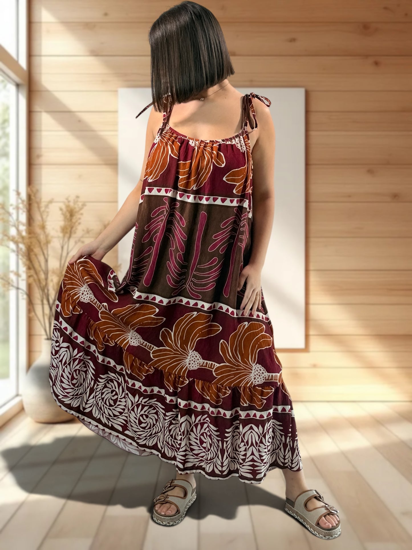 PALOMA - ROBE LONGUE BORDEAUX A MOTIF JUSQU'A LA TAILLE 54