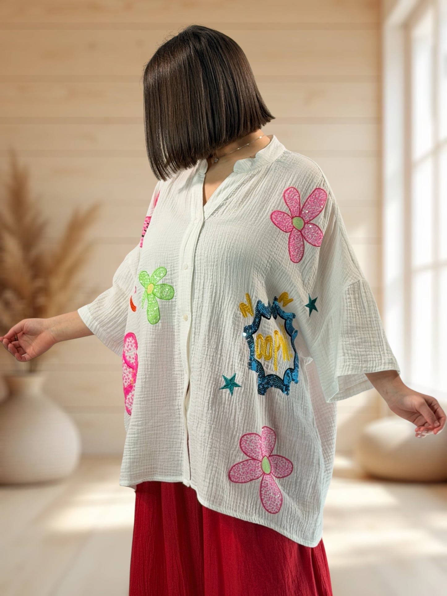 RENATA - CHEMISE BLANCHE BRODEE DE SEQUINSJUSQU'A LA TAILLE 54