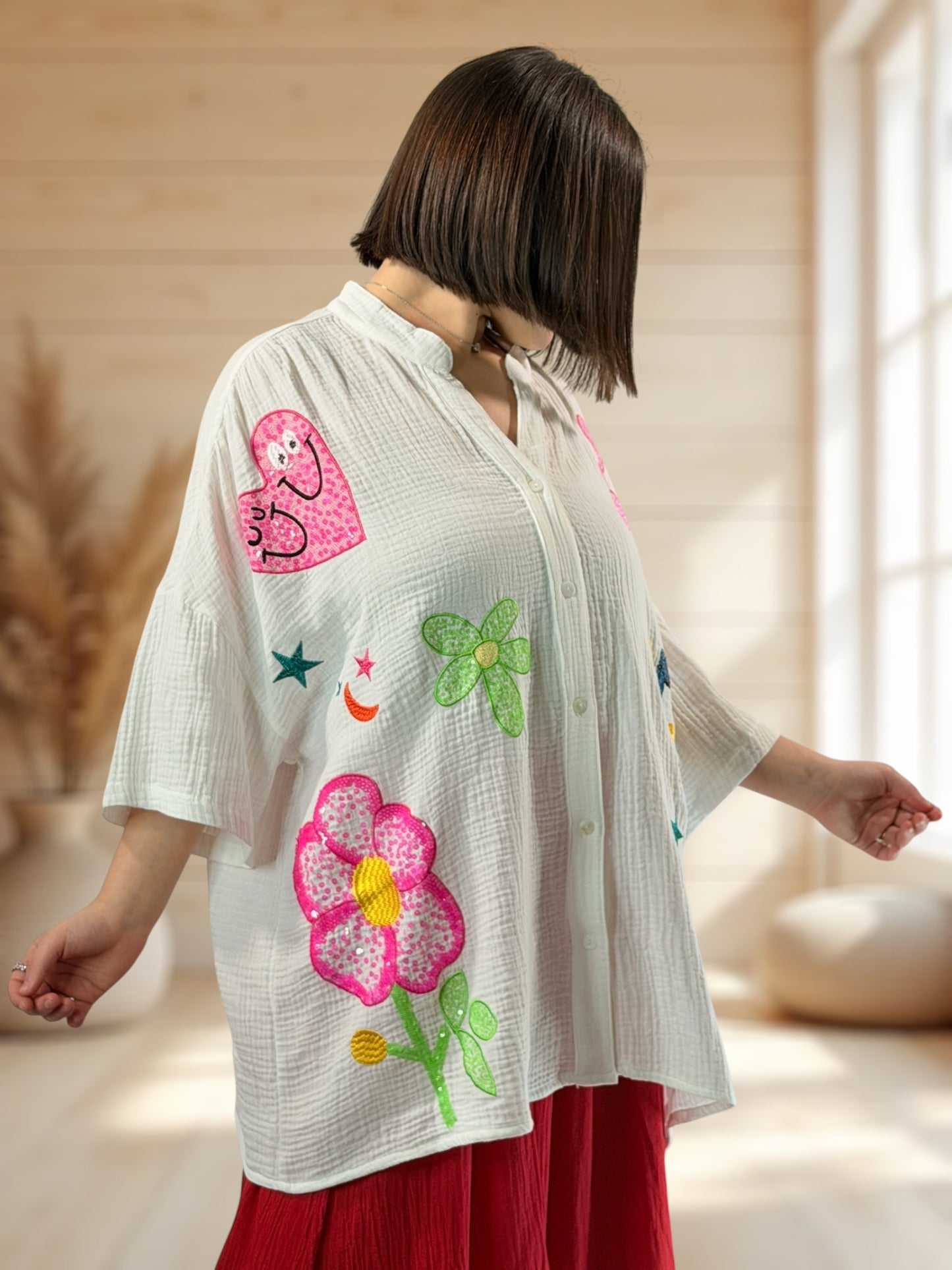 RENATA - CHEMISE BLANCHE BRODEE DE SEQUINSJUSQU'A LA TAILLE 54