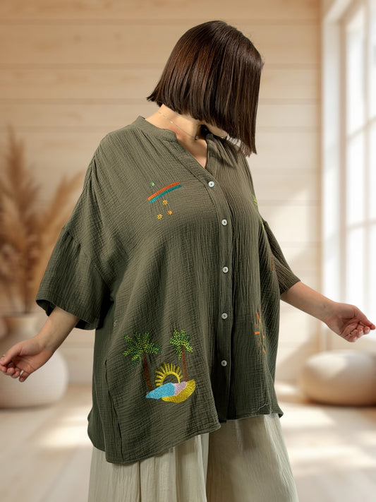 RENATA - CHEMISE KAKI BRODEE JUSQU'A LA TAILLE 54