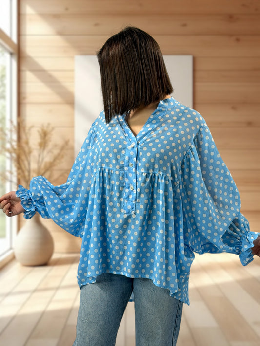 EDITH  - BLOUSE BLEUE A POIS JUSQU'A LA TAILLE 50/52