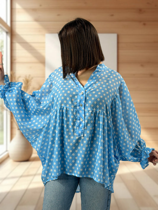EDITH  - BLOUSE BLEUE A POIS JUSQU'A LA TAILLE 50/52