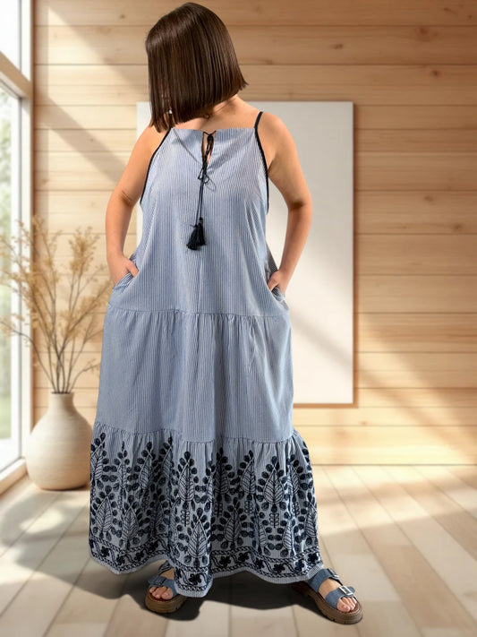 KRISTY - ROBE A RAYURE BRODEE JUSQU'A LA TAILLE 48