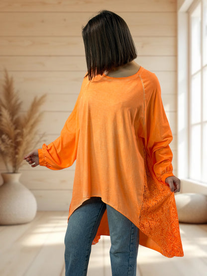 NINON - TEE-SHIRT OVERSIZE ORANGE AVEC DENTELLE JUSQU'A LA TAILLE 56