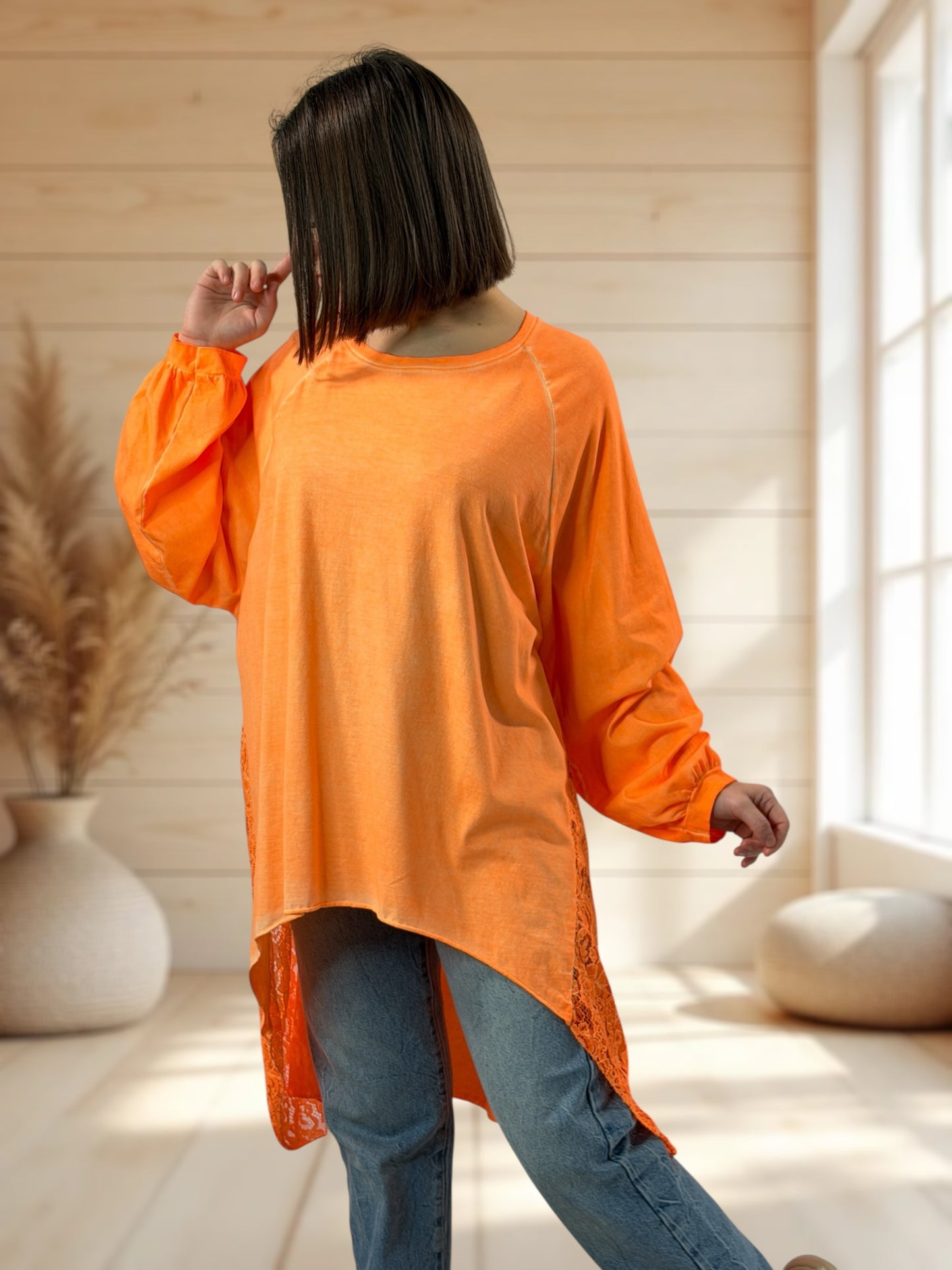NINON - TEE-SHIRT OVERSIZE ORANGE AVEC DENTELLE JUSQU'A LA TAILLE 56
