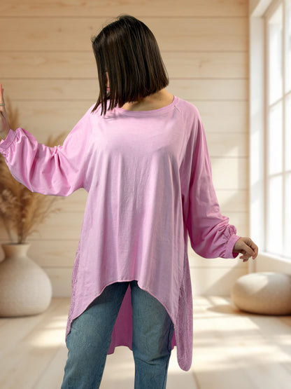 NINON - TEE-SHIRT OVERSIZE ROSE AVEC DENTELLE JUSQU'A LA TAILLE 56
