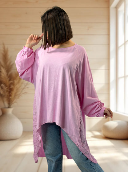 NINON - TEE-SHIRT OVERSIZE ROSE AVEC DENTELLE JUSQU'A LA TAILLE 56