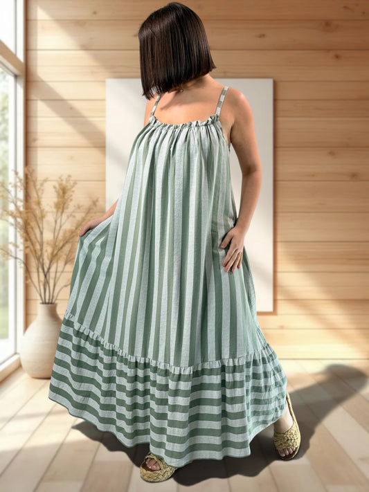 CLARENCE - ROBE LONGUE A RAYURE KAKI JUSQU'A LA TAILLE 56