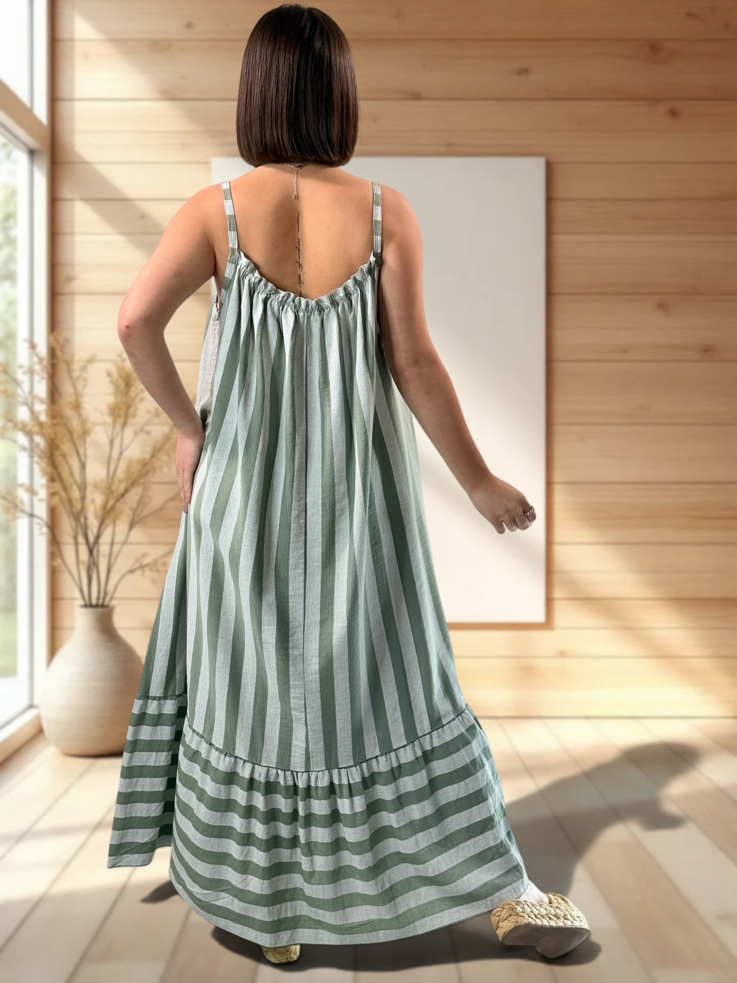 CLARENCE - ROBE LONGUE A RAYURE KAKI JUSQU'A LA TAILLE 56