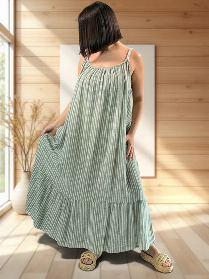 TERESA - ROBE LONGUE A RAYURE KAKI JUSQU'A LA TAILLE 54