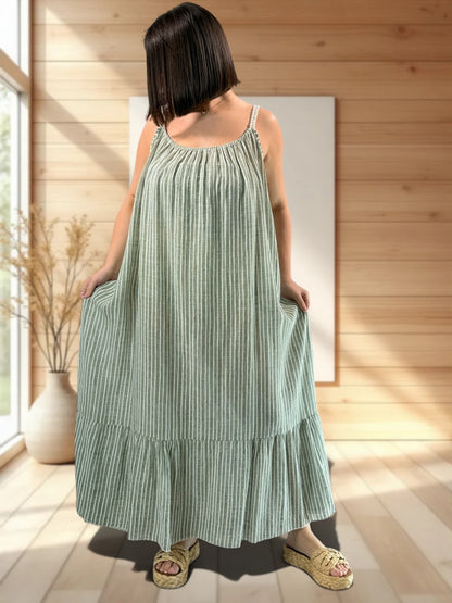 TERESA - ROBE LONGUE A RAYURE KAKI JUSQU'A LA TAILLE 54