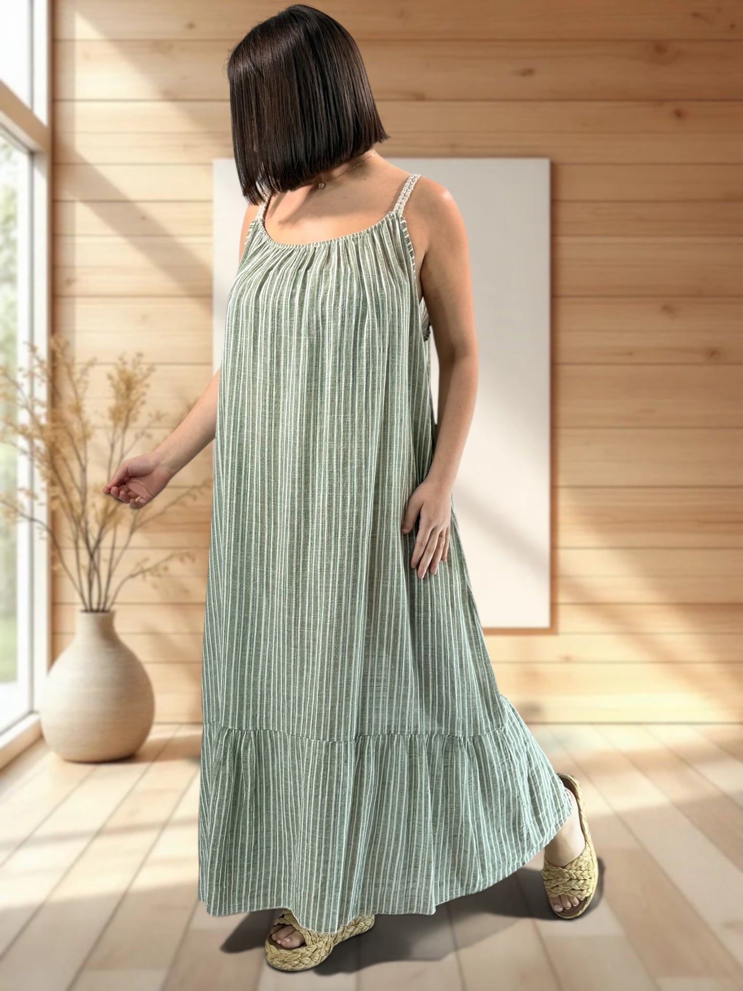 TERESA - ROBE LONGUE A RAYURE KAKI JUSQU'A LA TAILLE 54